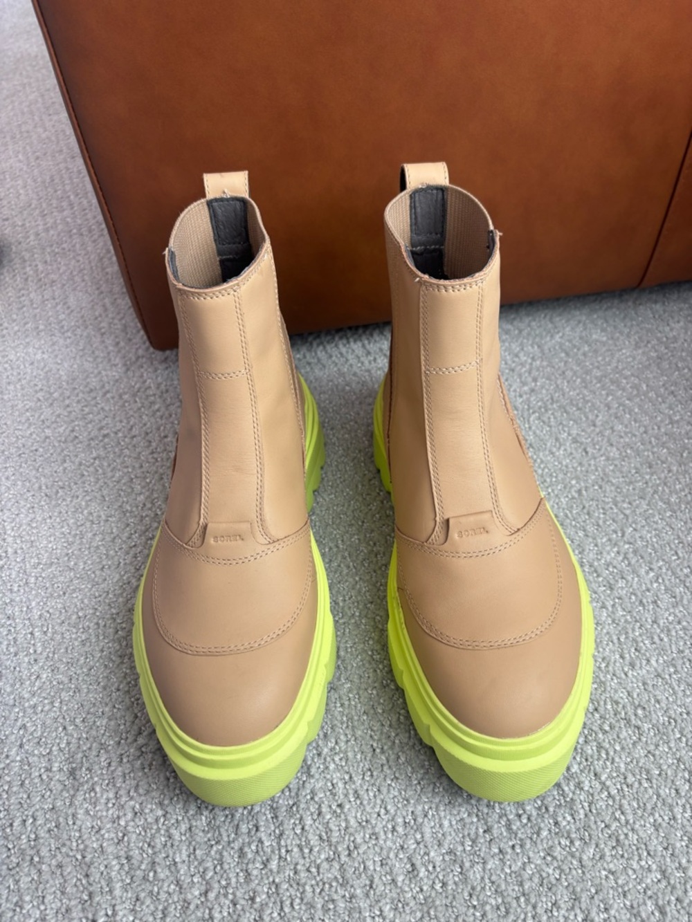 Sorel Beige Leather Combat Boots with Neon Yellow Soles